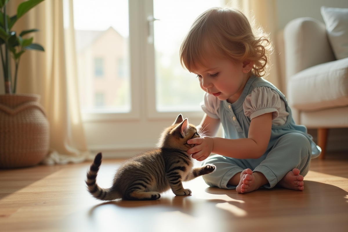 Enfant brossant un chaton tabby sur un sol en bois près d