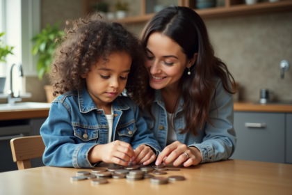 Fille de sept ans comptant des pièces avec sa mère à la cuisine
