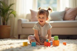 Enfant de 3 ans jouant avec des blocs colorés dans un salon lumineux