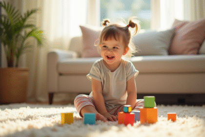 Enfant de 3 ans jouant avec des blocs colorés dans un salon lumineux