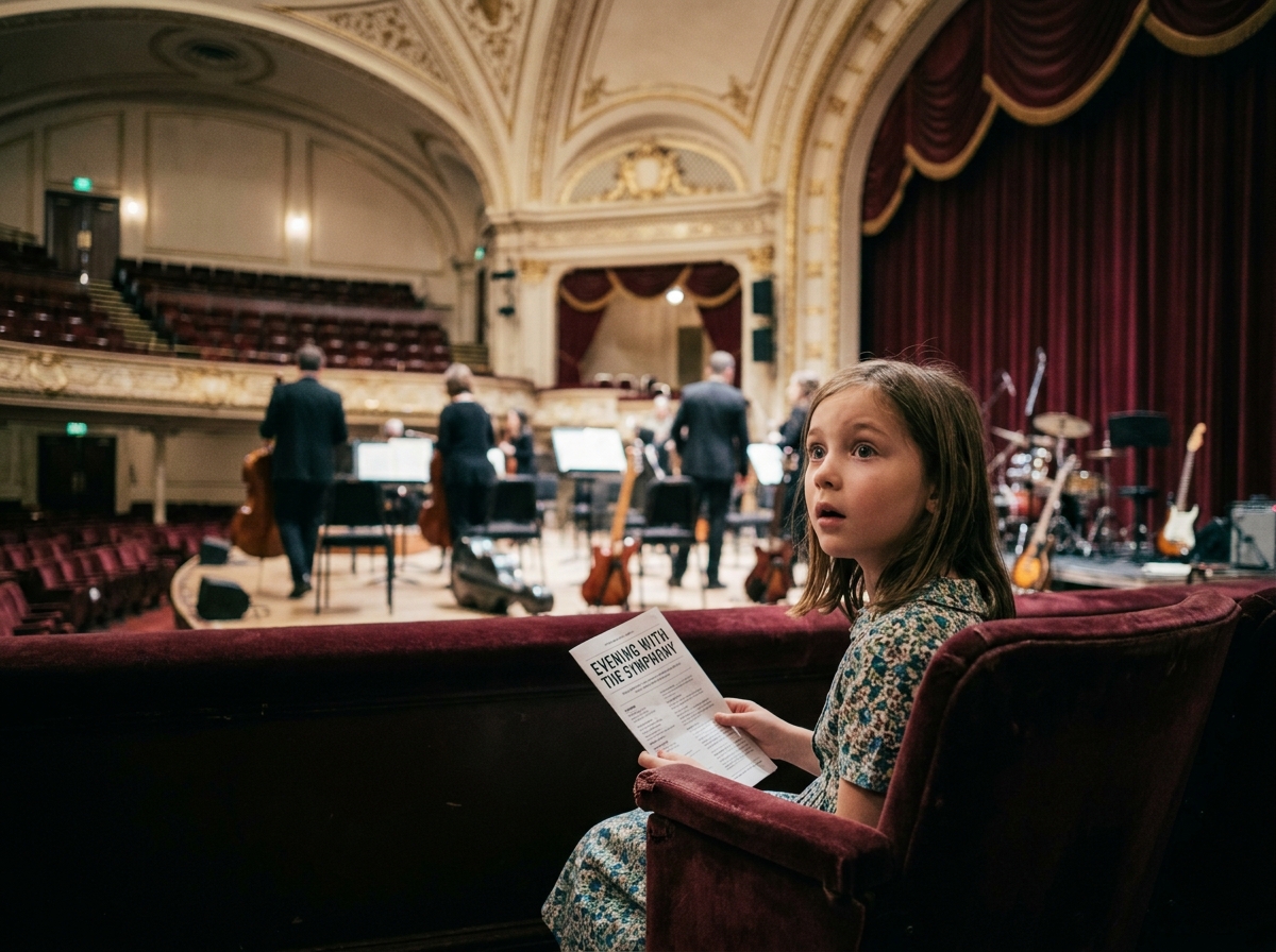 Jeune fille émerveillée dans une salle de concert tenant un programme, regardant les musiciens préparer leur concert de rock symphonique