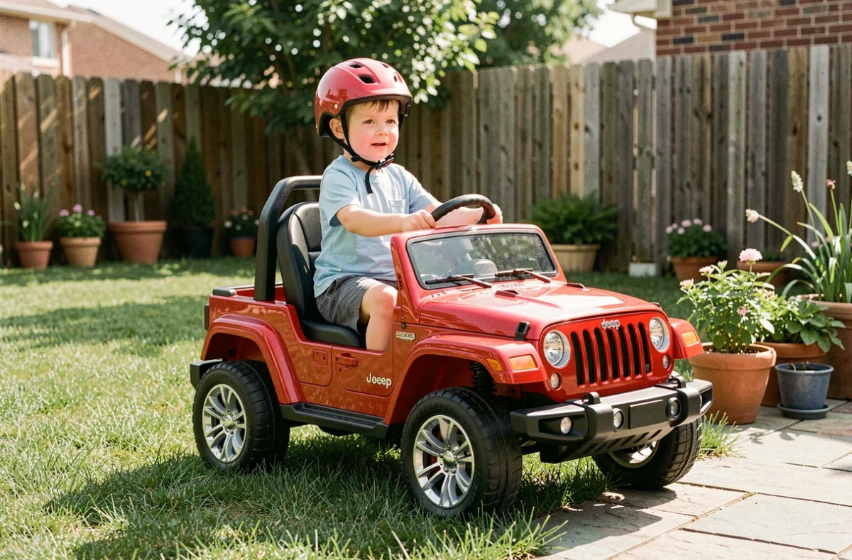 Enfant de 5 ans conduisant une Jeep électrique 12V rouge dans un jardin résidentiel ensoleillé