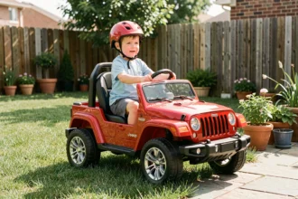 Enfant de 5 ans conduisant une Jeep électrique 12V rouge dans un jardin résidentiel ensoleillé