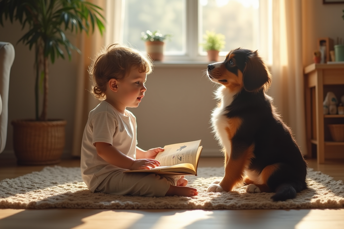 Un enfant lisant un livre au chien australien dans un salon calme
