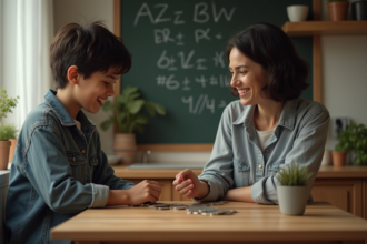 Jeune garçon avec sa mère échangeant des pièces de monnaie