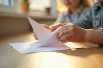 Mains d'enfant pliant un avion en papier sur une table lumineuse