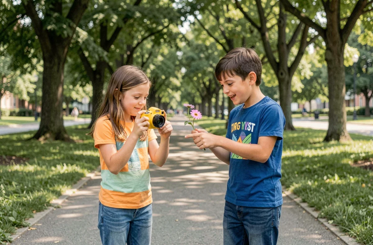 Deux enfants utilisant un appareil photo numérique ensemble dans un parc pour apprendre la photographie