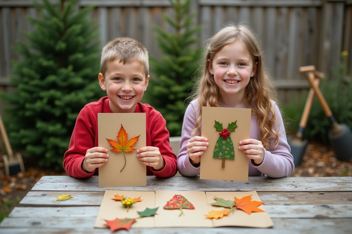 Enfants montrant leurs cartes de Noël zéro déchet dans le jardin