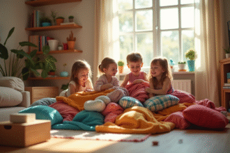 Enfants heureux construisant un fort intérieur avec couvertures