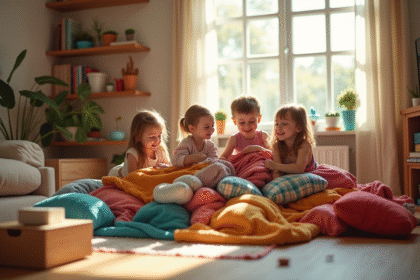 Enfants heureux construisant un fort intérieur avec couvertures