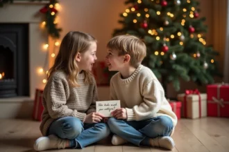Deux enfants en pull de Noël assis près d'un sapin décoré, jouant aux devinettes avec un carton de questions