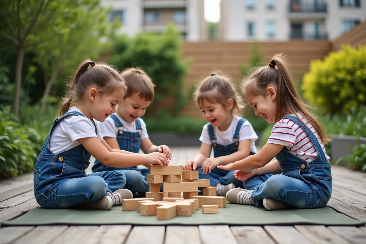 Enfants en extérieur dans un jardin urbain avec jeux