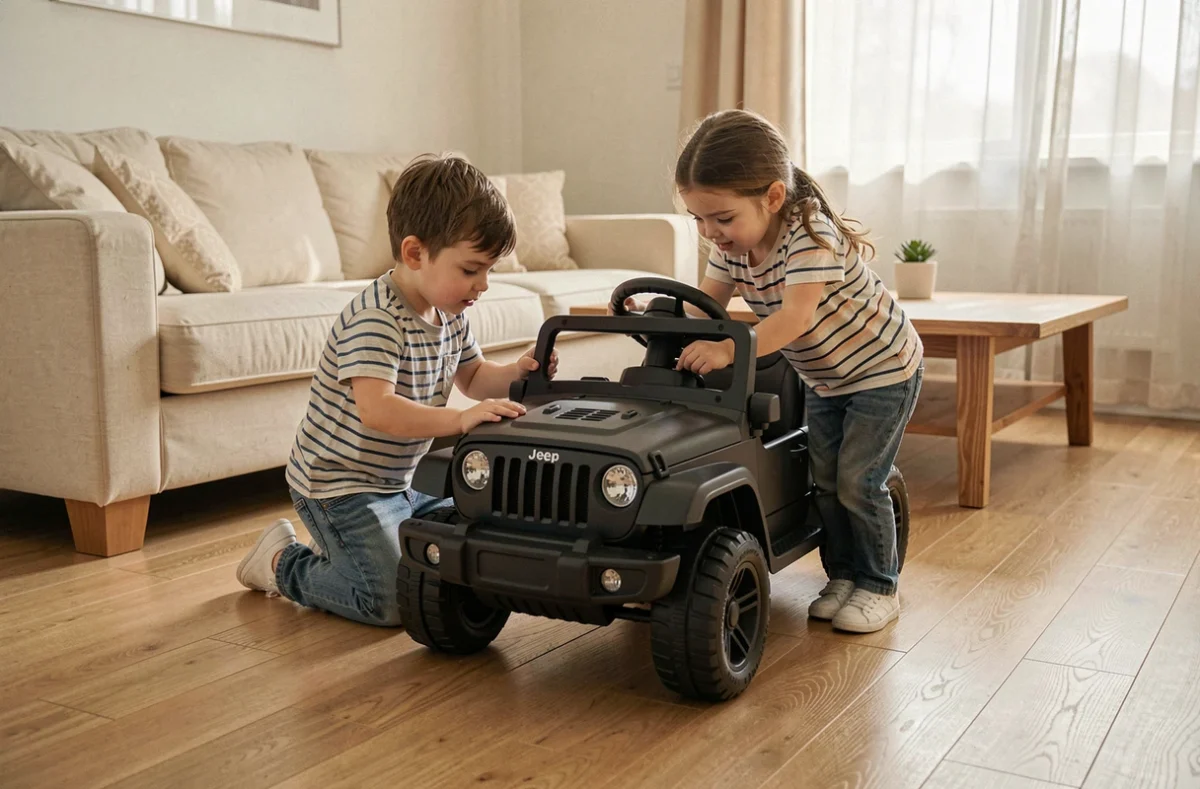 Deux enfants en intérieur inspectant une Jeep électrique jouet garée sur un parquet en bois clair dans un salon familial