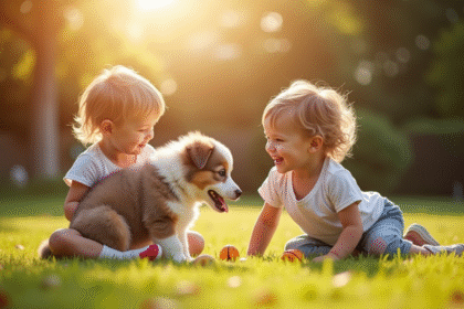 Deux enfants jouant avec un chiot australien dans un jardin ensoleille