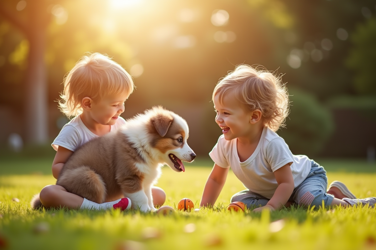 Deux enfants jouant avec un chiot australien dans un jardin ensoleille