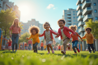 Groupe d'enfants heureux jouant dans un parc urbain ensoleille