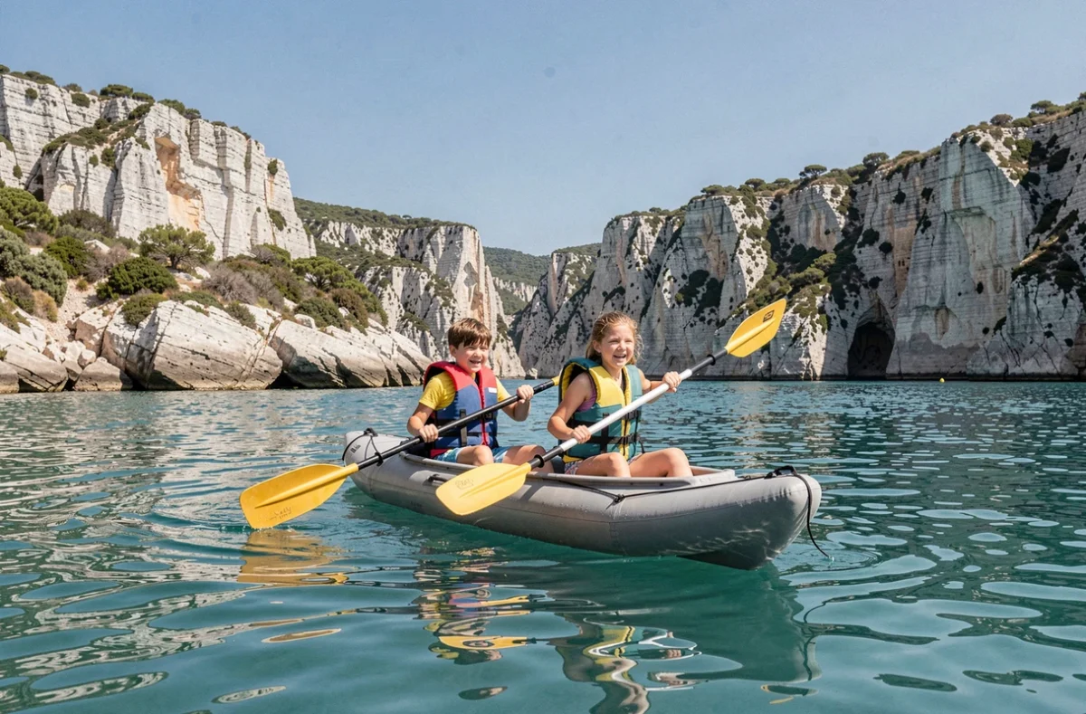 Enfants faisant du kayak dans les Calanques de Marseille par une journée ensoleillée