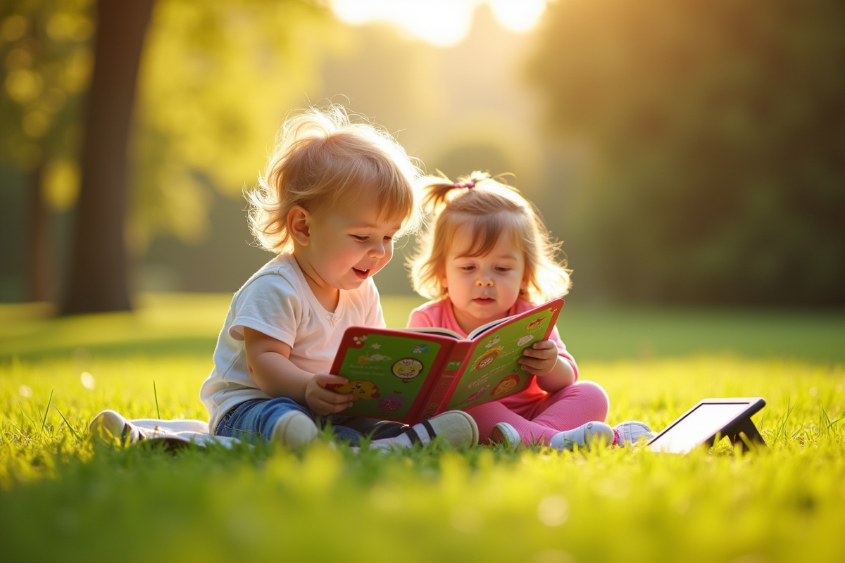 Deux enfants lisent un livre coloré dans la nature en plein air