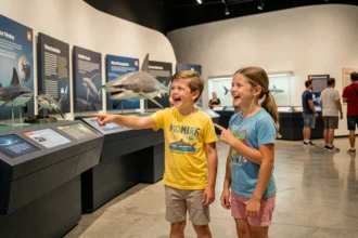Enfants heureux explorant un musée interactif à Marseille lors d'une activité éducative