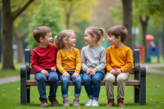 Groupe de quatre enfants souriants dans un parc vert