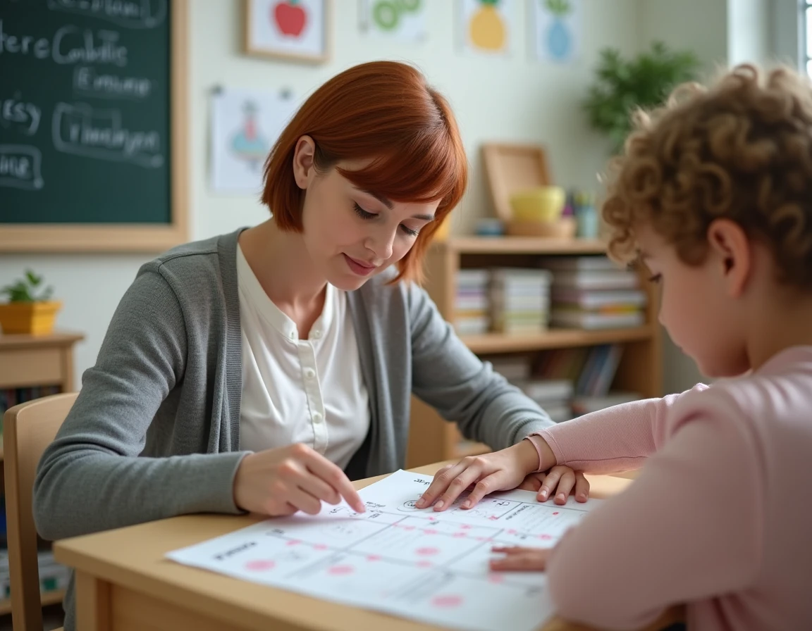 Enseignante aidant un élève à compléter un dessin à relier bilingue sur le vocabulaire des fruits en français et en anglais dans une salle de classe primaire.