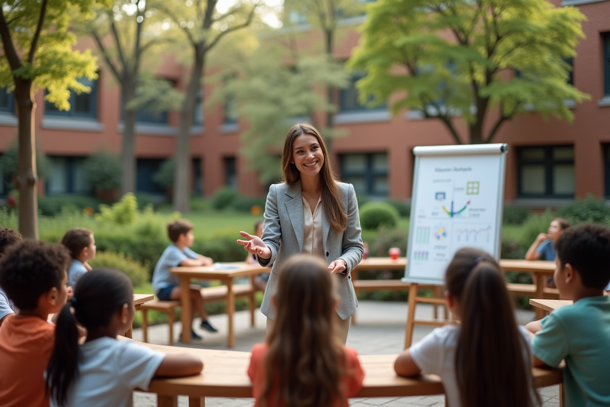 Enseignante souriante dans cour d