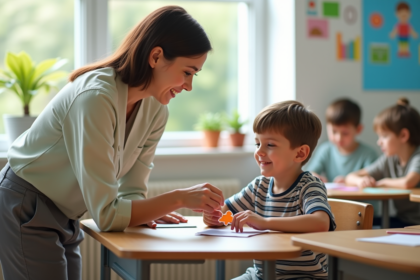 Jeune enseignante offrant un sticker à un garçon souriant en classe