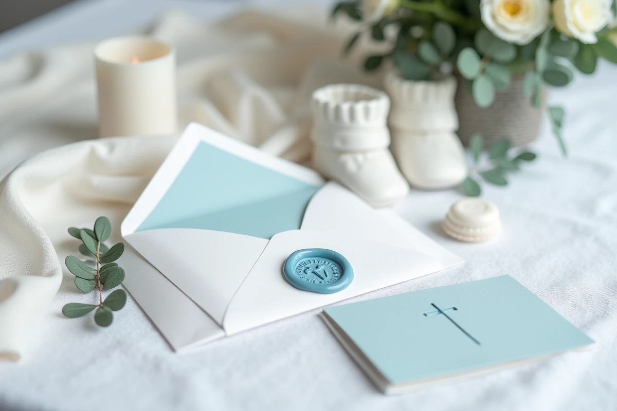 Ensemble cadeau de baptême pour garçon avec enveloppe cachet de cire bleue, carte embossée et chaussons blancs sur tissu blanc