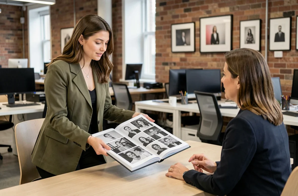 Candidate stagiaire photographe présentant son portfolio lors d'un entretien en agence