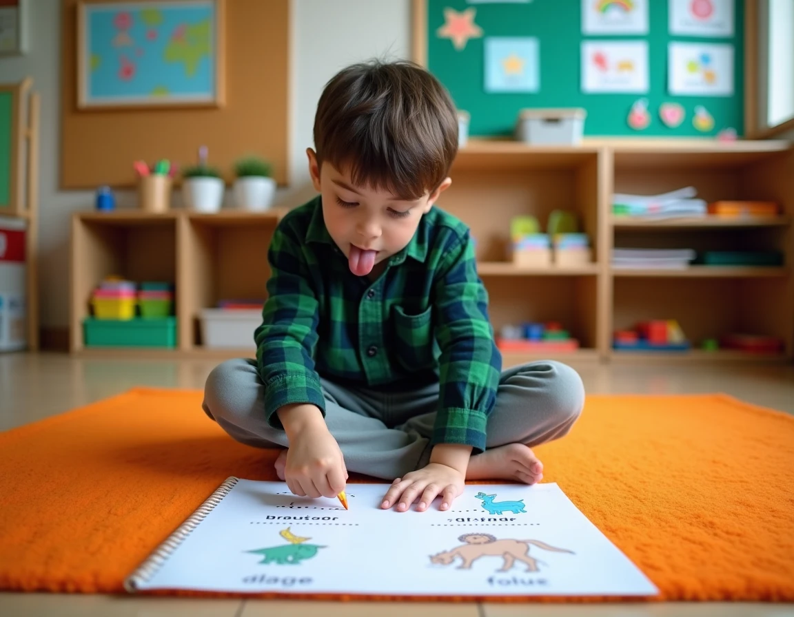Garçon assis sur un tapis de classe en train de compléter un exercice de points à relier illustrant du vocabulaire d'animaux en français et en anglais.