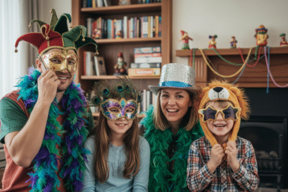 Famille heureuse portant accessoires de carnaval à la maison