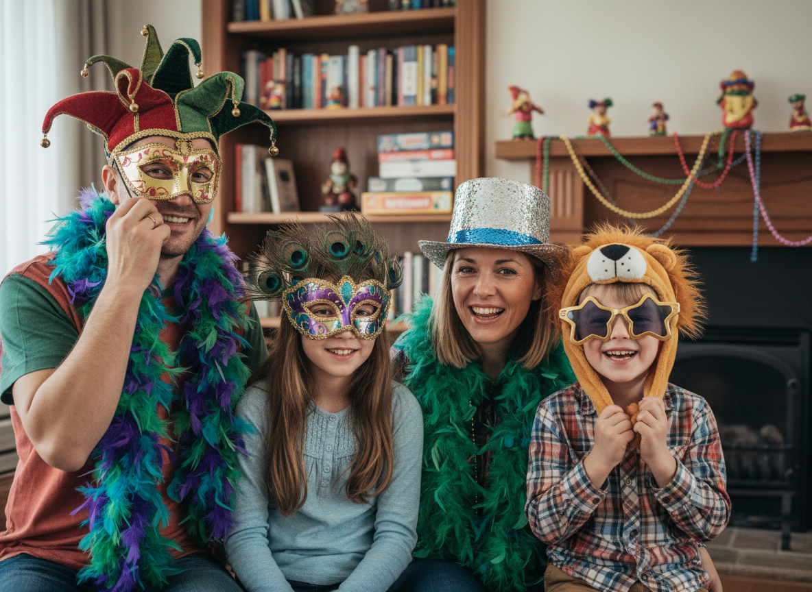 Famille heureuse portant accessoires de carnaval à la maison