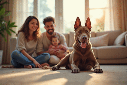 Famille heureuse jouant avec un chiot Cane Corso dans le salon
