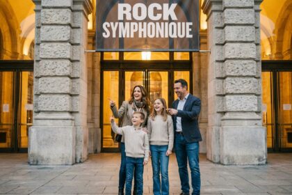 Famille de quatre personnes devant une salle de concert symphonique avant un concert de rock, souriante et enthousiaste
