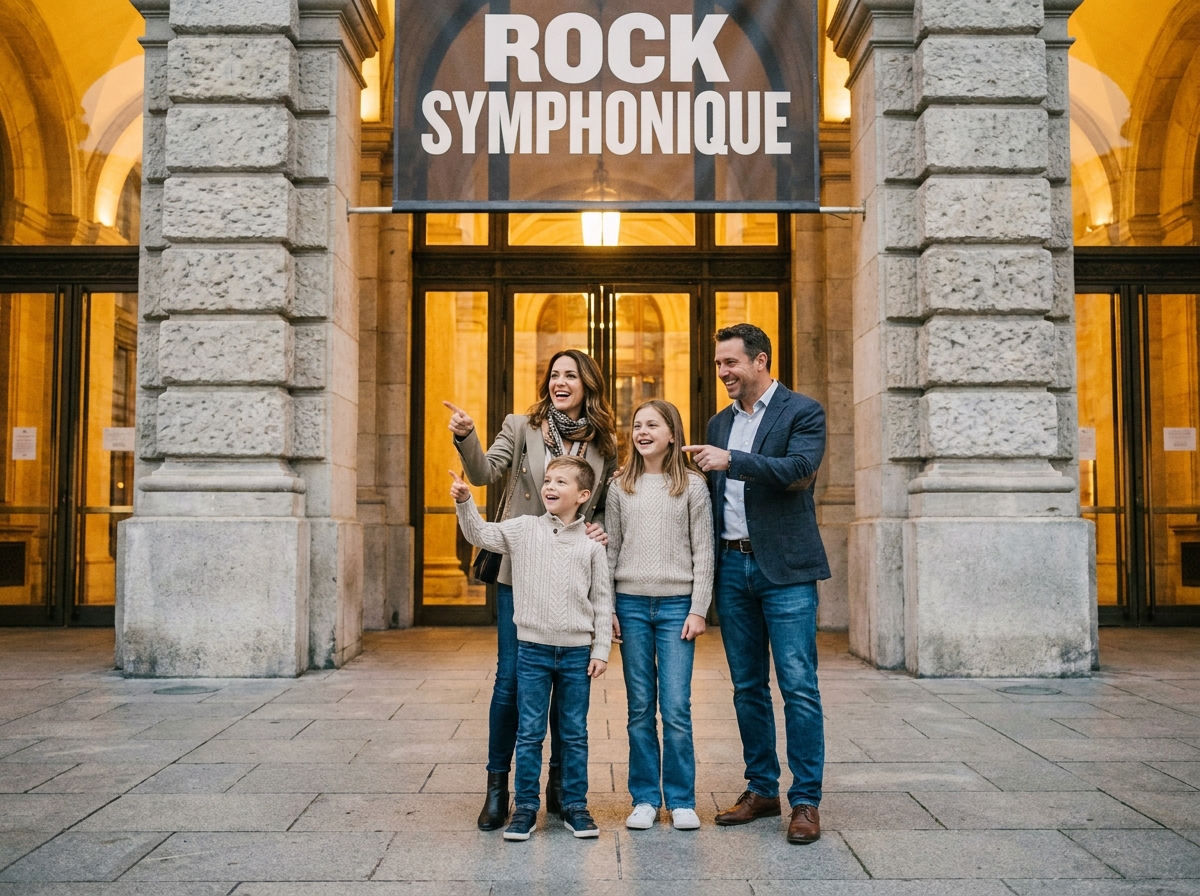 Famille de quatre personnes devant une salle de concert symphonique avant un concert de rock, souriante et enthousiaste