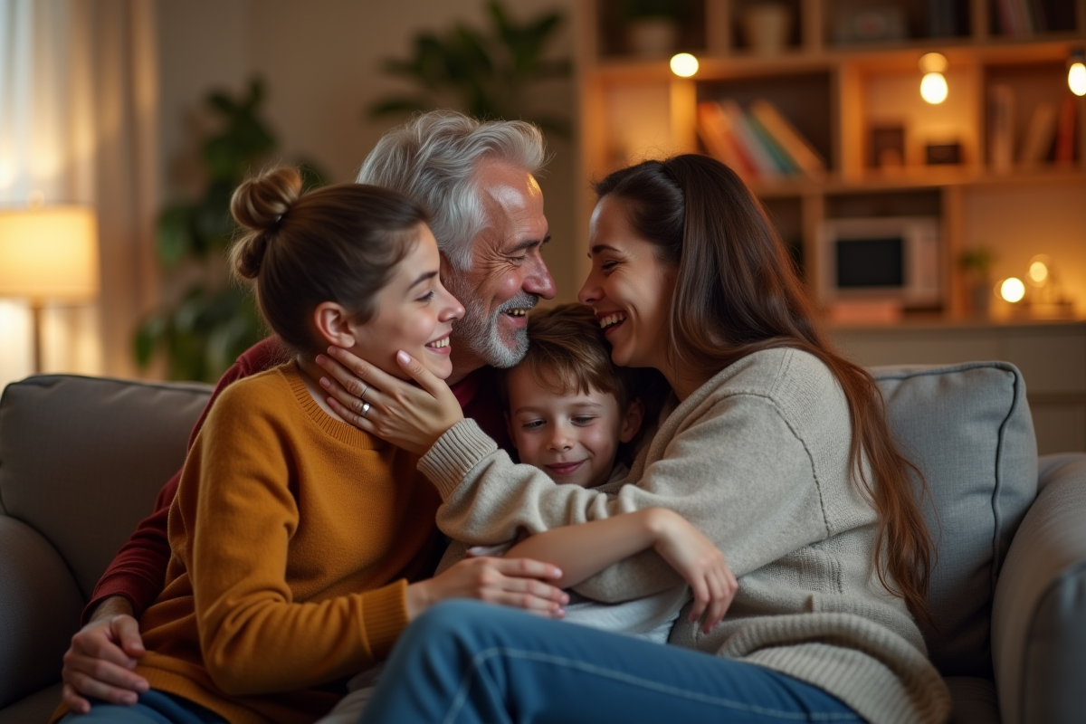 Couple et enfants partageant un moment chaleureux en intérieur