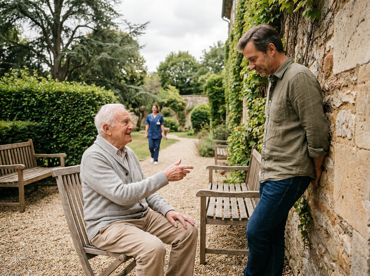 Un résident âgé et son fils profitent d'un moment paisible dans le jardin d'un EHPAD à Nantes