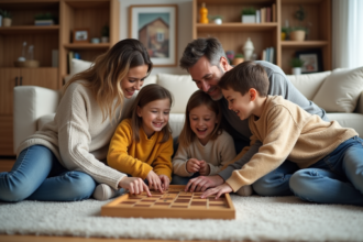 Famille jouant à un jeu de société dans un salon chaleureux