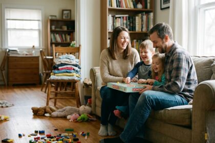 Famille heureuse jouant à un jeu de société sur le canapé