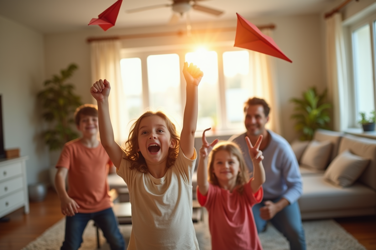 Famille lançant des avions en papier dans un salon ensoleille