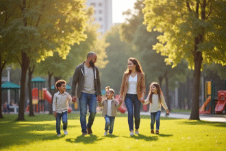 Famille multiculturelle heureuse dans un parc urbain ensoleille