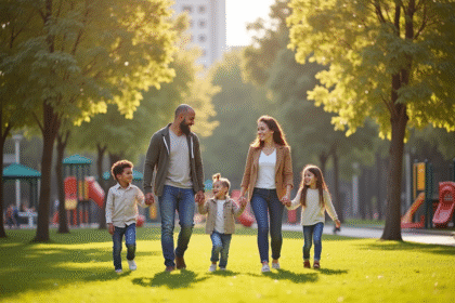 Famille multiculturelle heureuse dans un parc urbain ensoleille