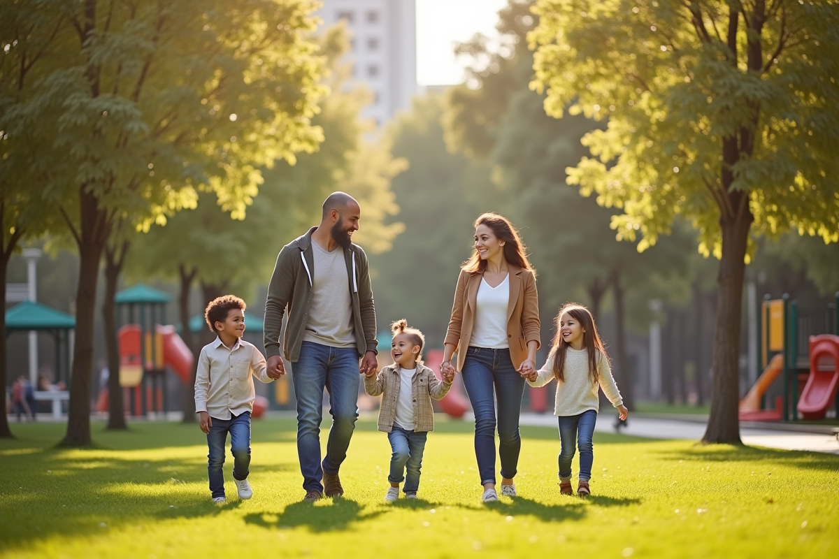 Famille multiculturelle heureuse dans un parc urbain ensoleille