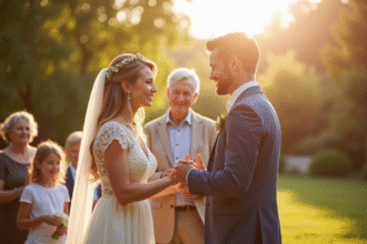Famille multigenerations souriante dans un jardin ensoleille