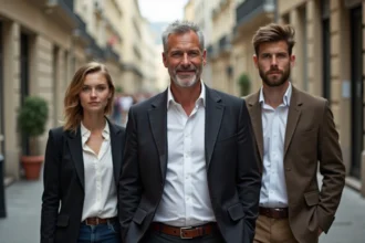 Famille parisienne en promenade dans une rue authentique