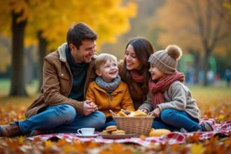 Famille souriante en pique-nique dans un parc automnal