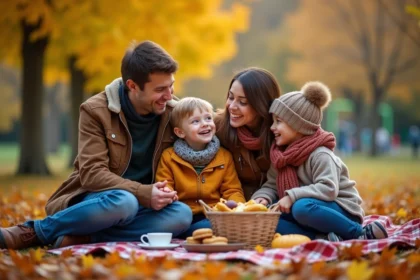 Famille souriante en pique-nique dans un parc automnal