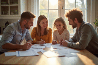 Famille heureuse autour d'une table avec documents et sourire