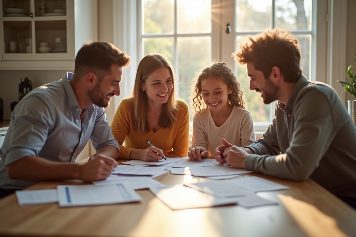 Famille heureuse autour d'une table avec documents et sourire