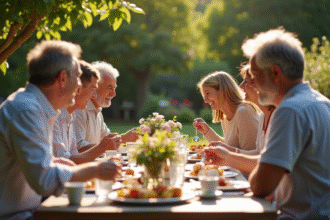 Famille multigenerational partageant un repas en plein air